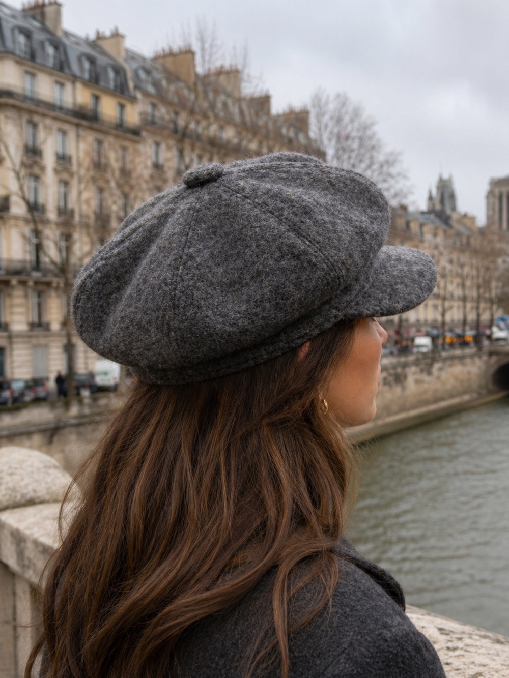 Charcoal Gray Wool Beret-Style Newsboy Cap